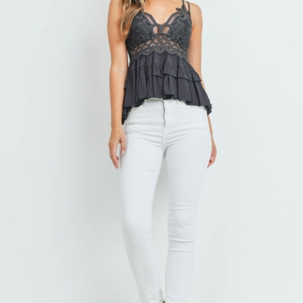 Zenana Dark Gray Peplum Babydoll Lace Camisole - Picture 5 of 6